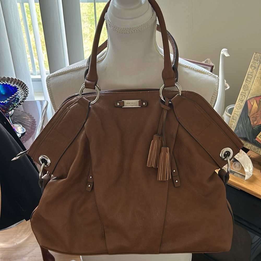 Vtg Nine West Large Brown Purse Satchel With Tassels and Grommets